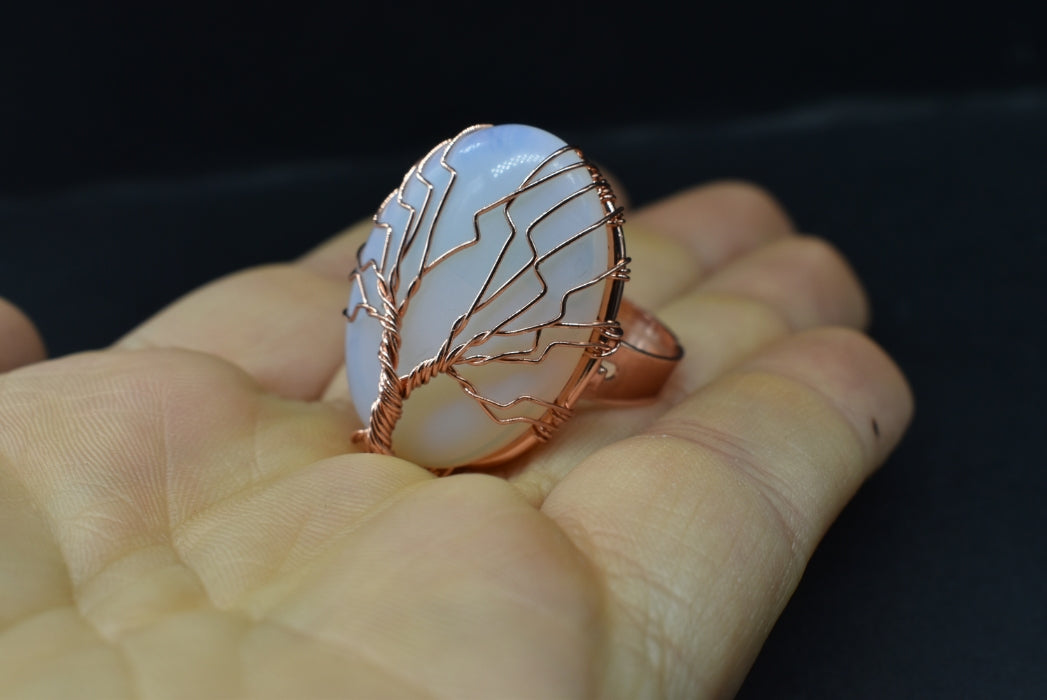 Ring with Oval Opalite Gem in pink brass wire Adjustable