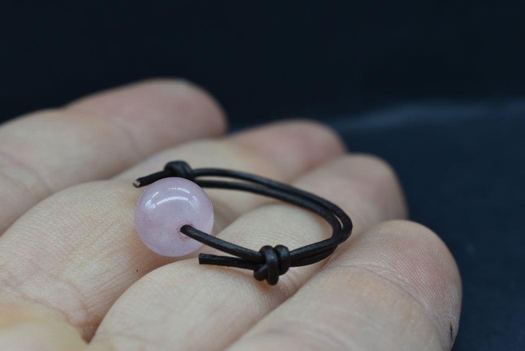 Rose Quartz bead ring in cowhide leather