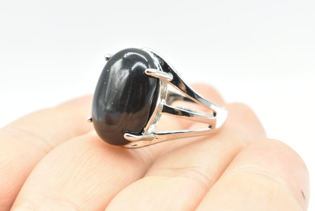 Ring with Oval Black Agate Stone