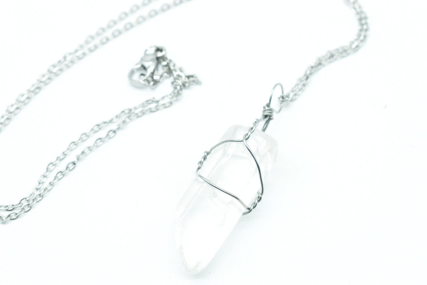 Hyaline Quartz Pendant in silver colored wire - Rock Crystal