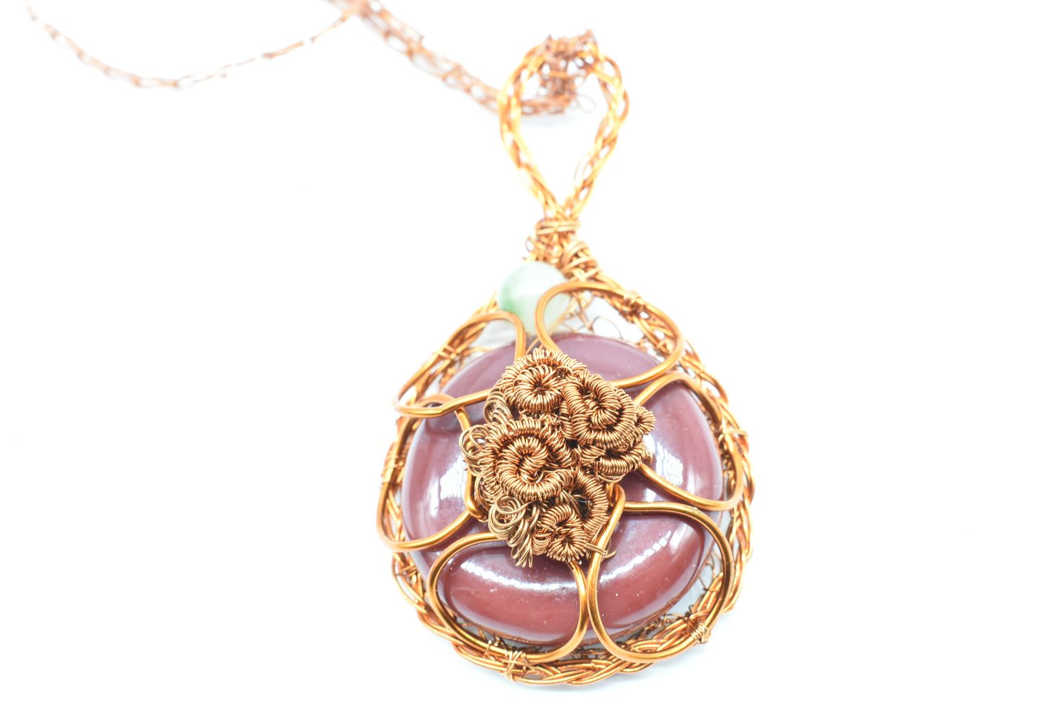 Ciondolo di Mookaite Rossa avvolta in filo di Rame con perlina di Avventurina