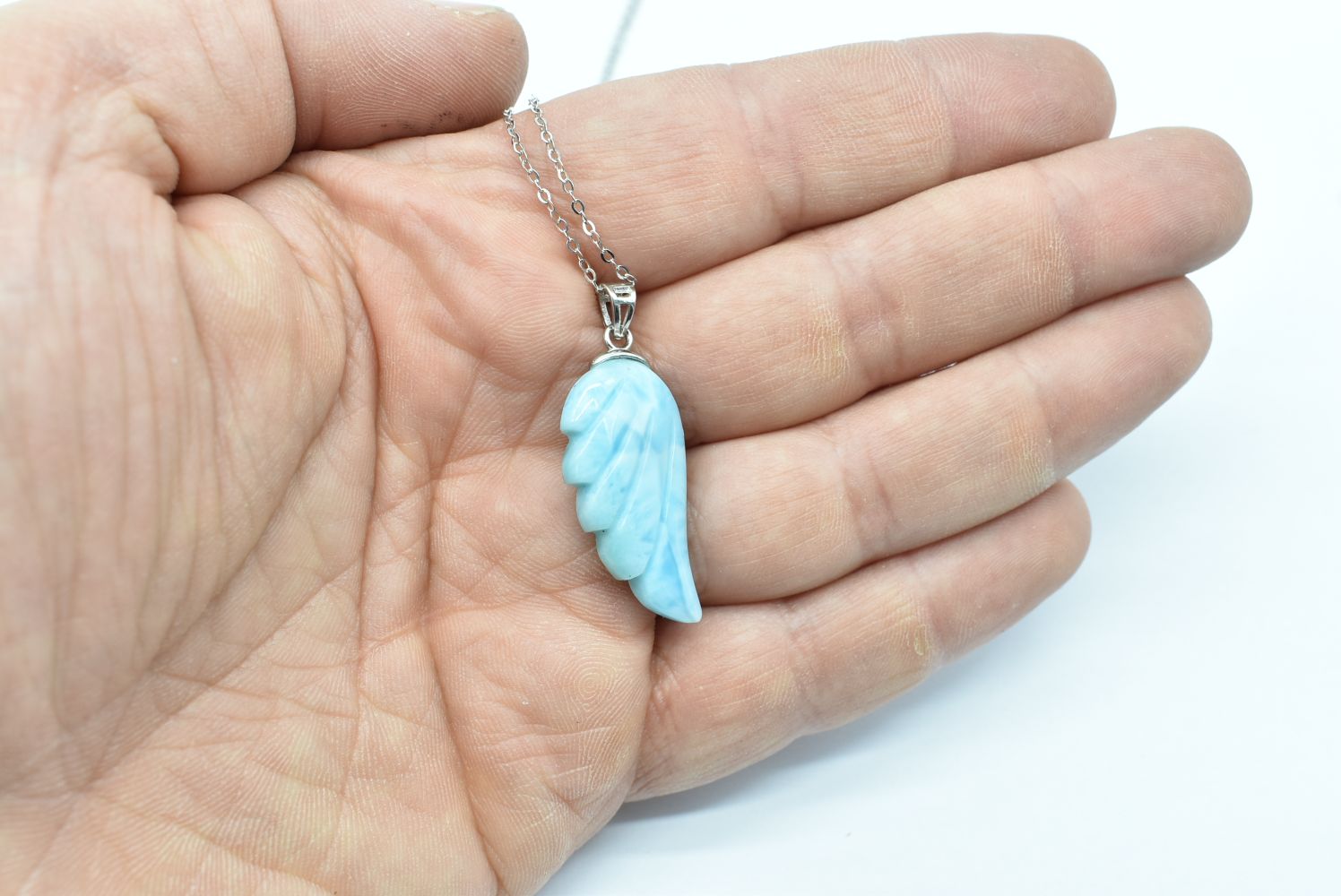 Collana Con Ciondolo A Doppia Punta Larimar Naturale - Argento 925 Placcato Rodio, Lunghezza 50 Cm
