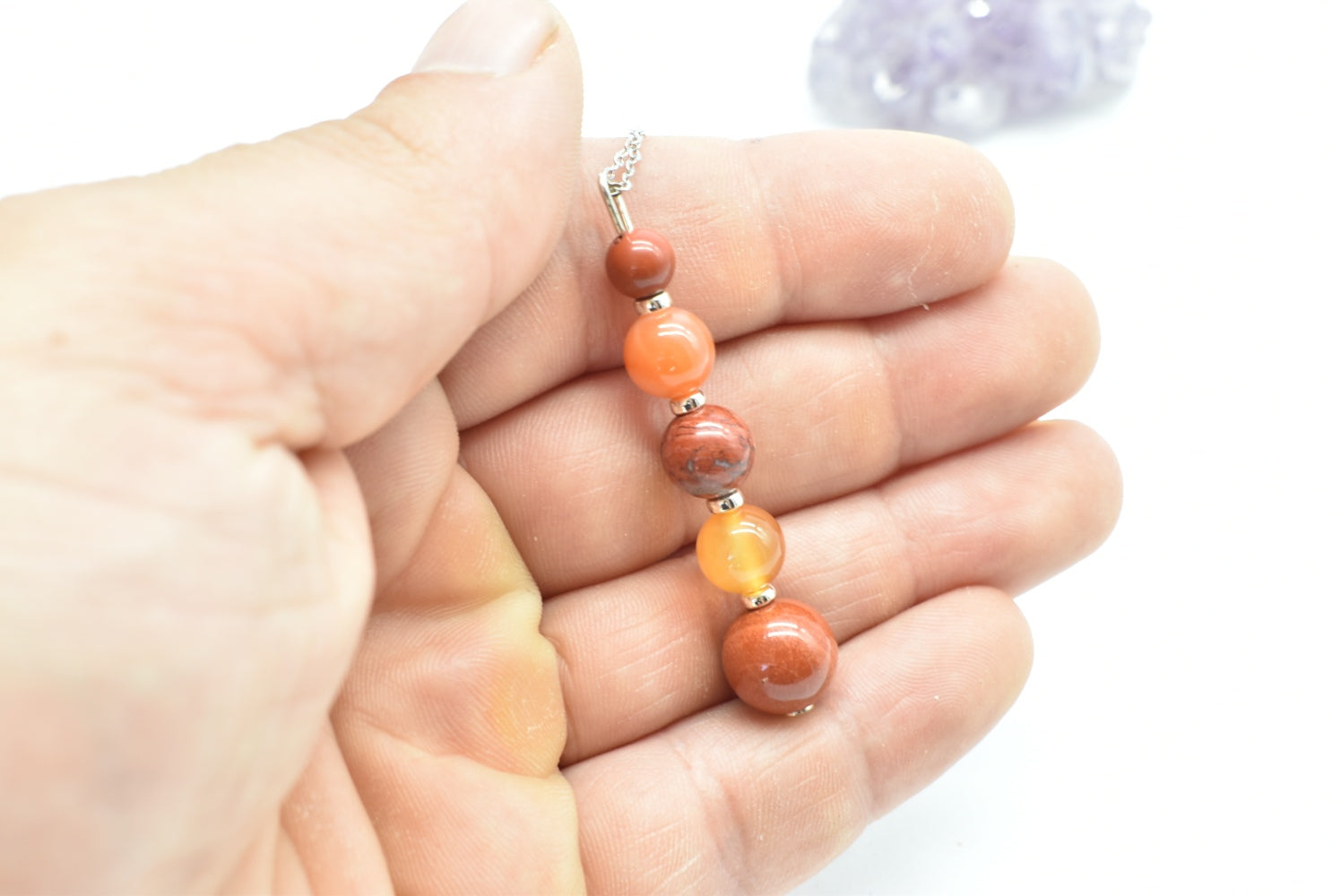 Red Jasper and Carnelian beads pendant with supports and necklace in 925 Silver