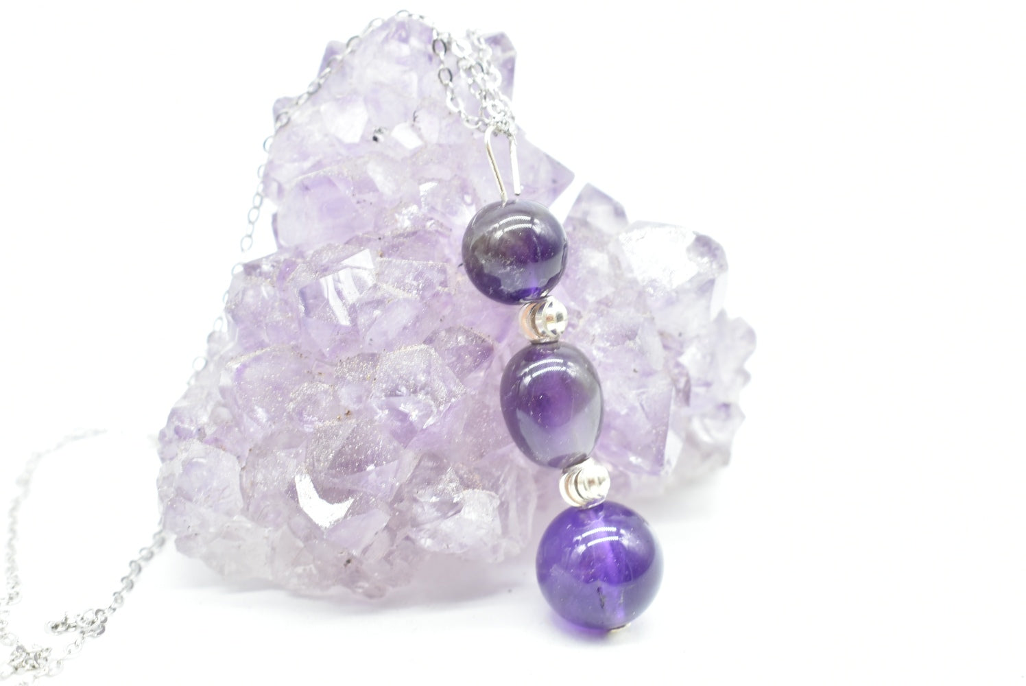 Amethyst beads pendant with supports and necklace in 925 Silver