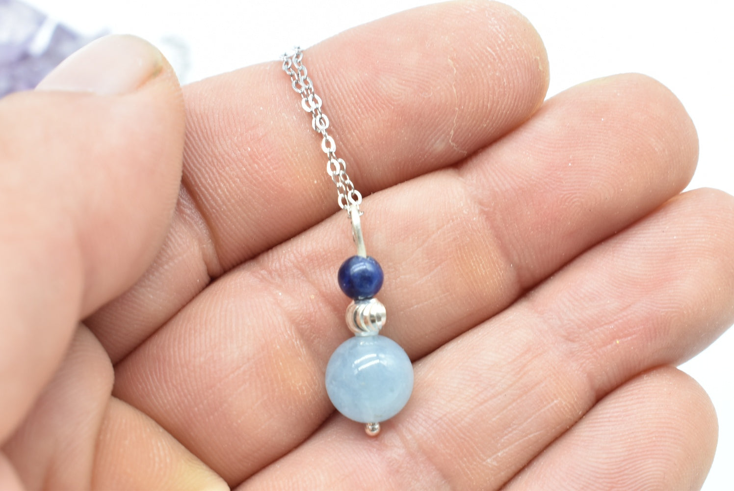 Aquamarine and sodalite beads pendant with supports and necklace in 925 Silver