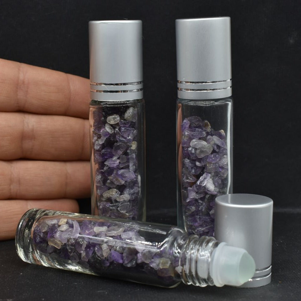 Refillable perfume bottle with Amethyst chip, 10ml capacity
