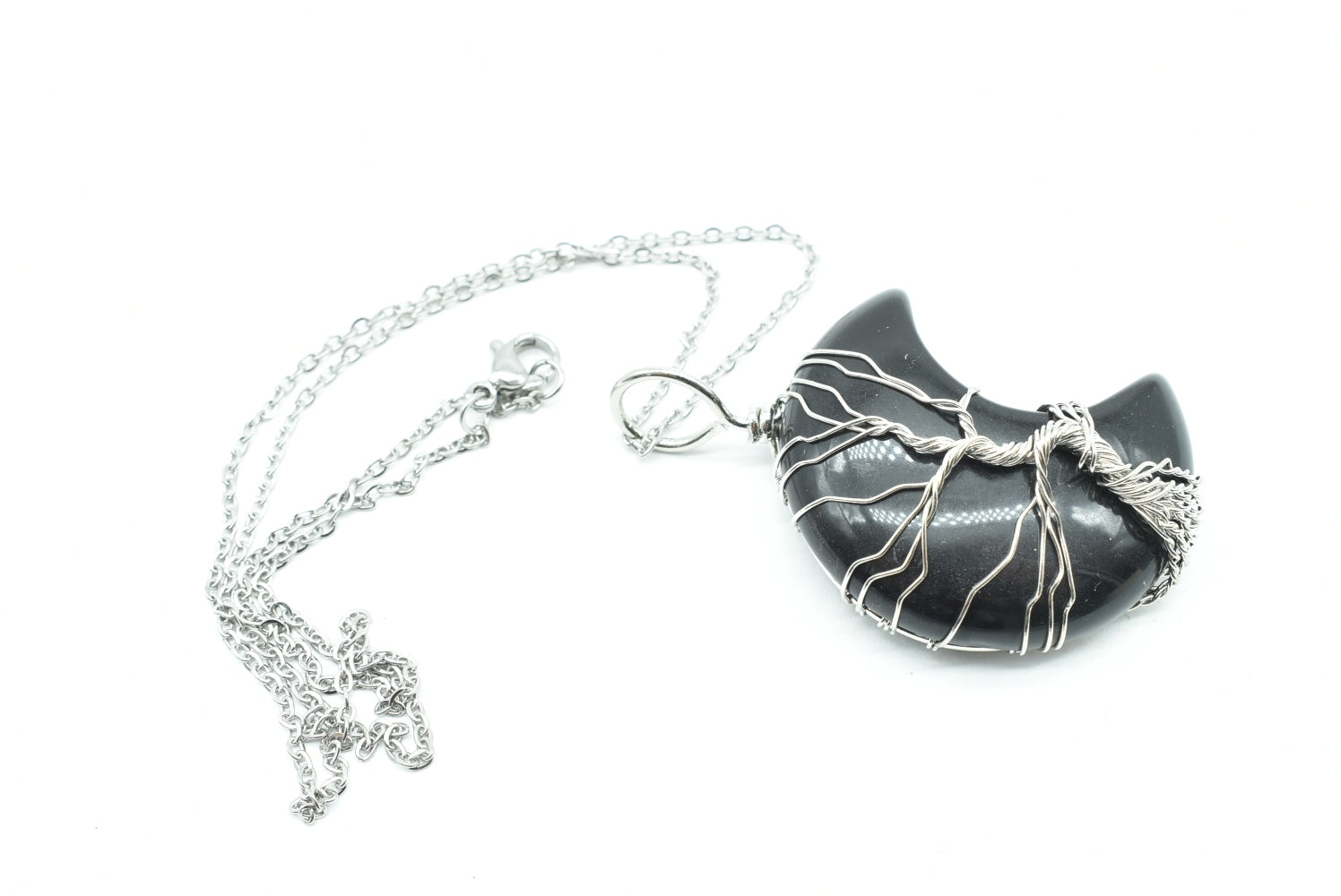Obsidian Moon Pendant wrapped in silver colored wire