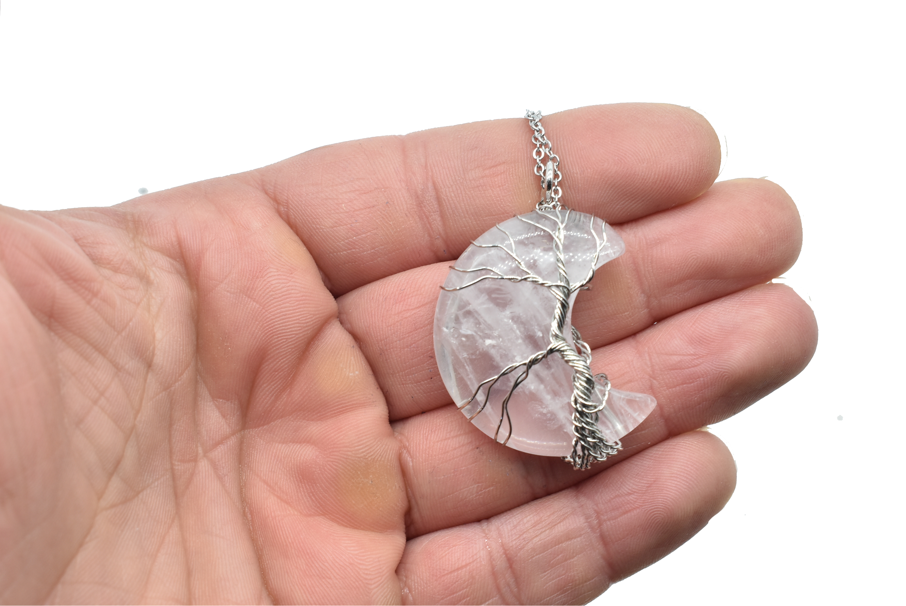Hyaline Quartz Moon Pendant wrapped in silver-colored thread