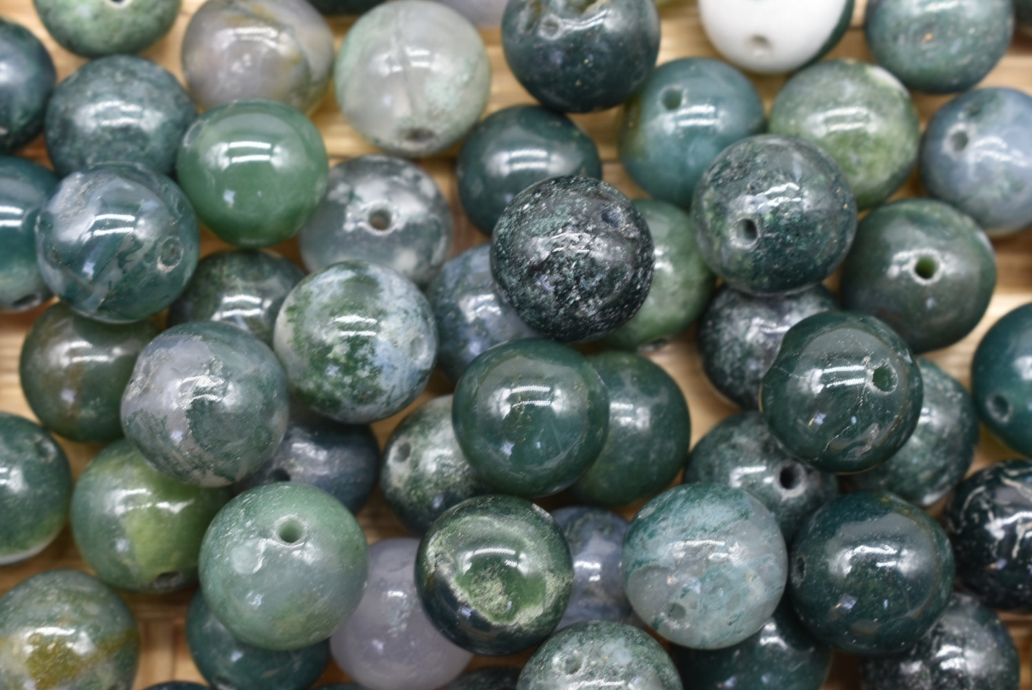 Moss Agate Beads 10 mm Perforated - 5 Beads